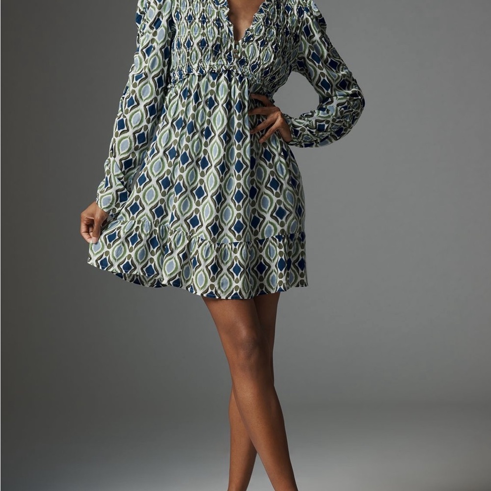 Anthropologie Blue Pleated Mini Dress with Bishop Sleeves